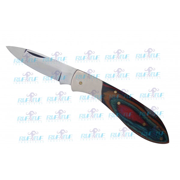 Folding Knife Multi Colour Wooden Handle with Leather Pouch